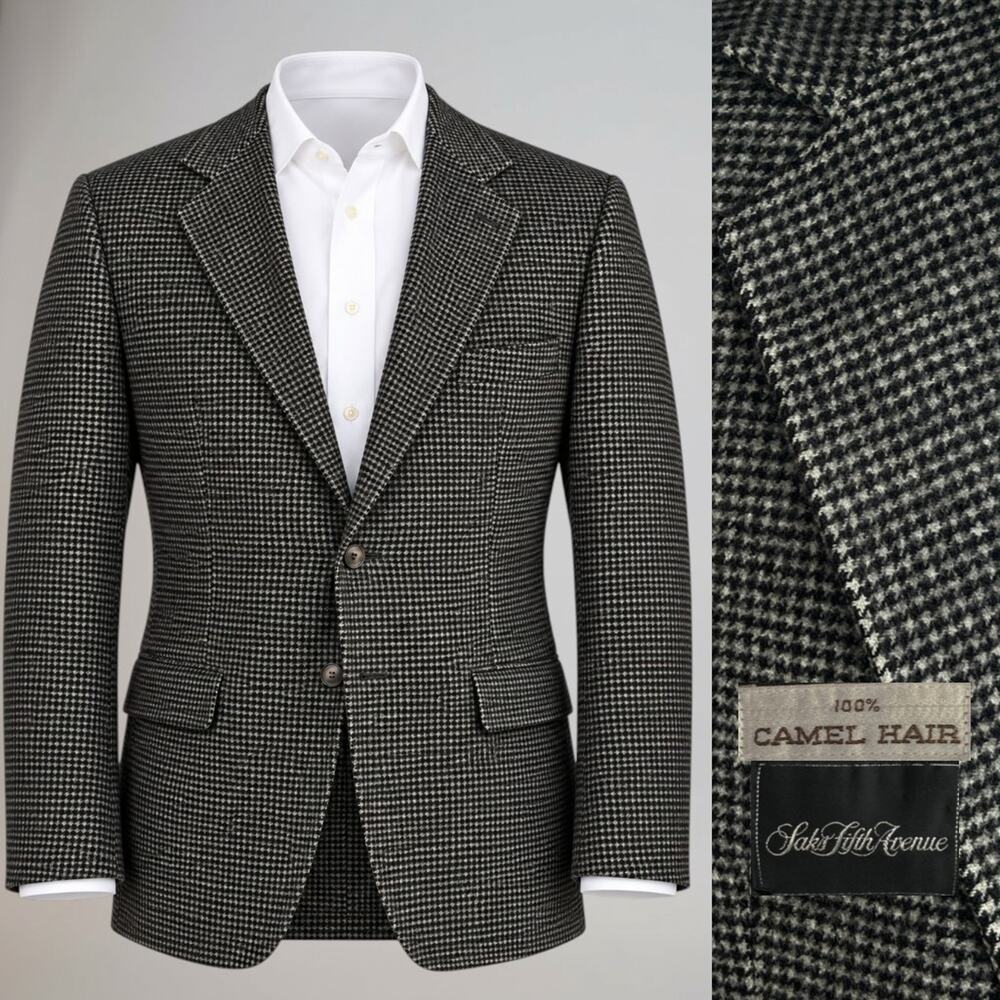 Saks Camel Hair Sport Coat 42-44L Black Ivory Heathered Houndstooth Melange